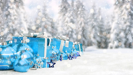 Blue christmas baubles and gifts lined up 3D rendering