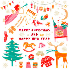 Collection of Christmas and New Year elements. Vector flat design with texture
