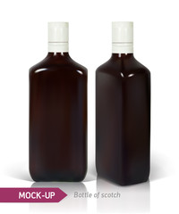 Dark realistic square Scotch bottles isolated on white background with reflection. Mockup for bottles design with a strong drinks such as scotch, whiskey, brandy, etc.