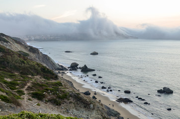 thick ocean fog covering coast of San Francisco California, USA