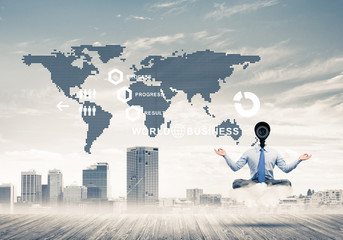 Camera headed man sitting in lotus pose on cloud against modern 