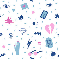 Seamless pattern with hand phrases and symbols for teenage girls. - obrazy, fototapety, plakaty