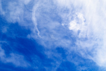 White clouds and blue sky in sunny day. Weather background. Light summer sky. Freedom concept. Clear blue sea sky