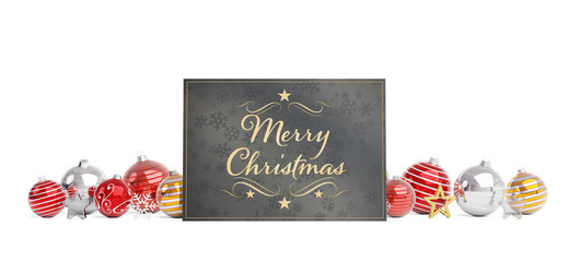 Christmas card greetings laying on red baubles isolated 3D rendering