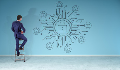 Businessman watching thin line web security interface