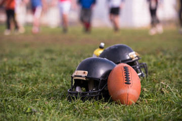 American football helmets and ball