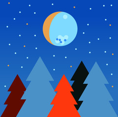 Fototapeta na wymiar Forest at night. Moon in the sky. Vector illustration