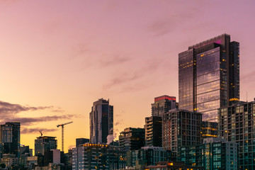 Beautiful and colorful Seattle skyline at sunset or dusk with copy space, Washington state, USA.