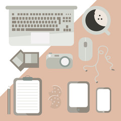 Desk flat design. Desk tools. Laptop, coffee, notes, mouse, cookies, smarthphone and tablet on the desk vector