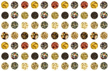 base culinary round icons of spices and nuts forest almond cashew cedar mix of peas pepper set design backdrop