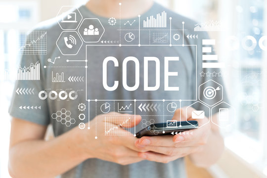 Code with young man using a smartphone