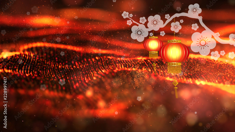 Poster chinese new year also known as the spring festival. digital particles loop background with chinese o