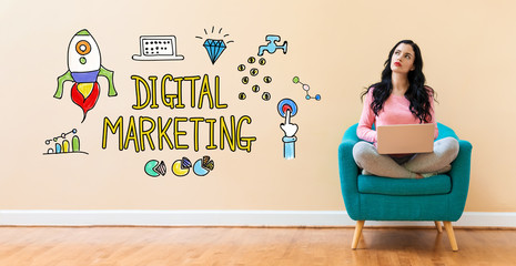 Digital marketing with young woman using a laptop computer 