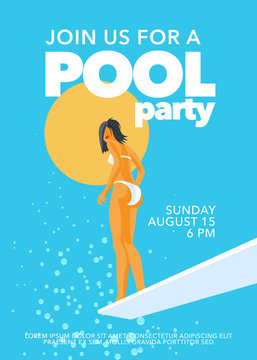 Pool party poster with girl on the springboard in the swimming pool vector illustration