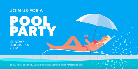 Pool party banner with girl in the sunbed next to swimming pool vector illustration