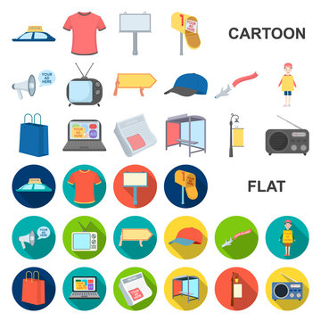 Production of advertising cartoon icons in set collection for design. Advertising equipment vector symbol stock web illustration.