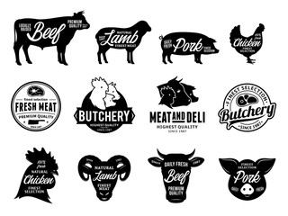Vector butchery logo and farm animals icons