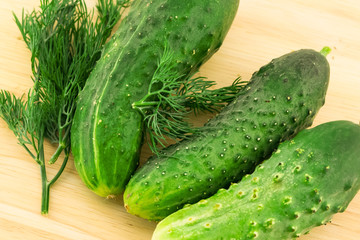 three fresh juicy cucumbers whole fruits of a sprig of dill on a wooden background close-up of a vegetable design