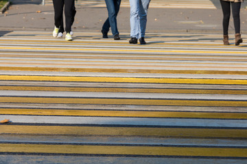 Legs of the pedestrians following traffic regulations and crossing the street on the marked zebra