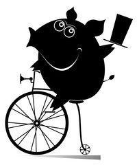 Cartoon pig rides a vintage bike illustration. Smiling cute piggy with top hat rides a penny farthing and looks healthy and happy black on white illustration
