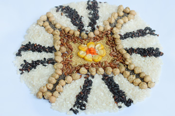 Mandala of cereals, grains and seeds. Gluten-free concept. Corn, chickpea, amaranth, lentils, rice, chia. Healthy food. Top view. Copy space.