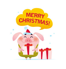Vector Merry Christmas illustration with cute smiling little pig character in Santa hat holding gift box in flat cartoon style isolated on white background. Symbol of New year & Xmas holidays.