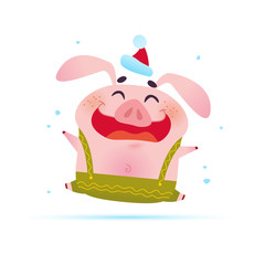 Vector Merry Christmas illustration with cute smiling little pig character in Santa hat celebrating xmas isolated on white snowy background. Symbol of New year & Xmas holidays. Flat cartoon style.