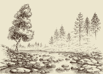 River drawing. Water flow, rocks and nature landscape sketch