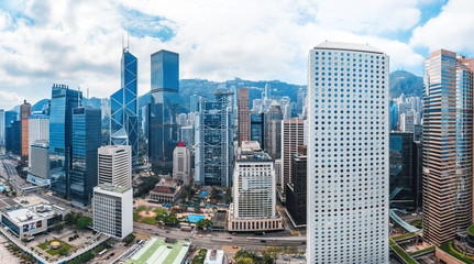Naklejka premium Panorama view of Hong Kong skylines with beautiful blue sky
