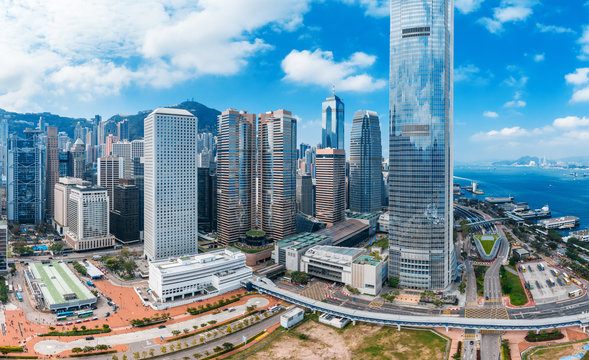Panorama view of Hong Kong skylines with beautiful blue sky