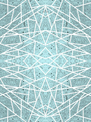 Turquoise background with white criss-cross lines. Open-work ornament, kaleidoscope effect. Abstract geometric lace pattern. Symmetric spiderweb effect. Modern technology design for wallpaper, website