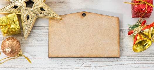 Beautiful Christmas composition and decoration on light wooden background, flat lay, top view, copy space (text space)