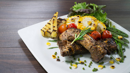 Grilled Pork ribs no white dish prepare for serve to customer on the table,delicious food  selective focus