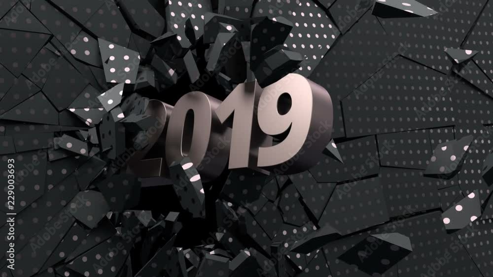 Poster modern animated cgi background with new year 2019 breaking the wall. abstract 3d rendering of cracke