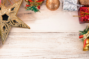 Obraz na płótnie Canvas Beautiful Christmas composition and decoration on light wooden background, flat lay, top view, copy space (text space)