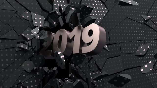 Modern animated cgi background with New Year 2019 breaking the wall. Abstract 3d rendering of cracked surface. Slow motion 4k video