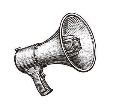 Megaphone, Bullhorn Sketch. Hand-drawn Vintage Vector Illustration