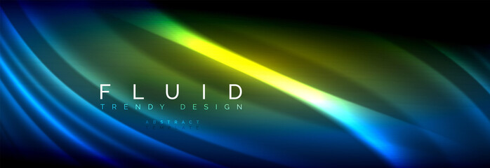 Neon glowing fluid wave lines, magic energy space light concept, abstract background wallpaper design