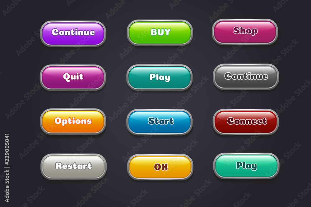 Poster cartoon buttons. colorful video game ui elements. restart and continue, start and play button set. i