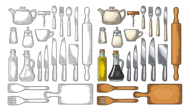 Set Kitchen utensils. Vector vintage engraving