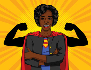 Vector color illustration of successful African American business woman. Strong lady with crossed arms wearing superhero clothes. Super woman in an office. Concept  banner of a woman power