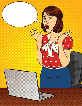 Vector color illustration of a shocked woman in the office. Emotional lady with raised hands stands in front of the laptop. Office worker scared. Attractive secretary excited