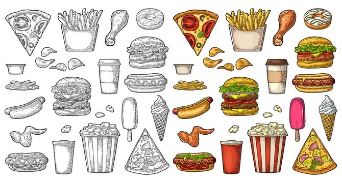 Set fast food. Coffee, hamburger, pizza, hotdog, fry potato, popcorn