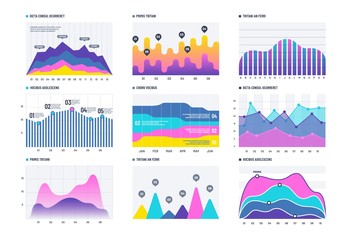 Financial infographic. Business bar graph and line histogram, economic diagram and stock chart. Marketing infographics vector elements. Graph and diagram, chart for business data illustration