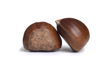closeup two fresh chestnuts