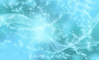 Winter shiny snowflakes blurred background in light blue white colors. Blurry Christmas holiday background with snow flakes, frost pattern, soft flares of light. Copy space