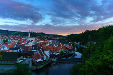 Beautiful historic Cesky Krumlov , designated UNESCO World Heritage Site , at sunset , Czech Republic