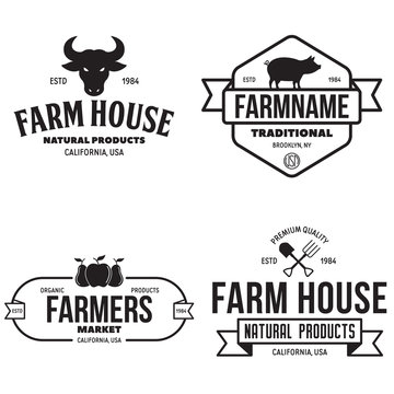Farmers market logos templates vector objects set. Logotypes or badges design. Trendy retro style illustration, farm natural organic products food, rooster, pig and fruits.