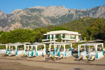 Beautiful landscape on the seashore. Very beautiful beach with sand. Travel on the seashore