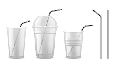 Metal drinking straw. Reusable steel straw cocktail equipment vector isolated set. Cocktail plastic cup for beverage with straw for drink illustration